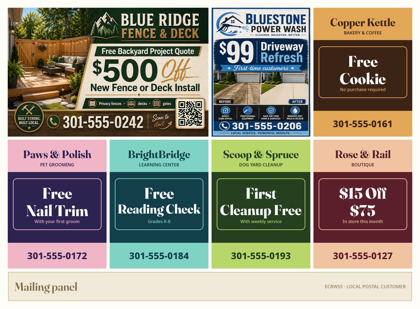 Sample card back with example ads: a double and six singles above the mailing panel