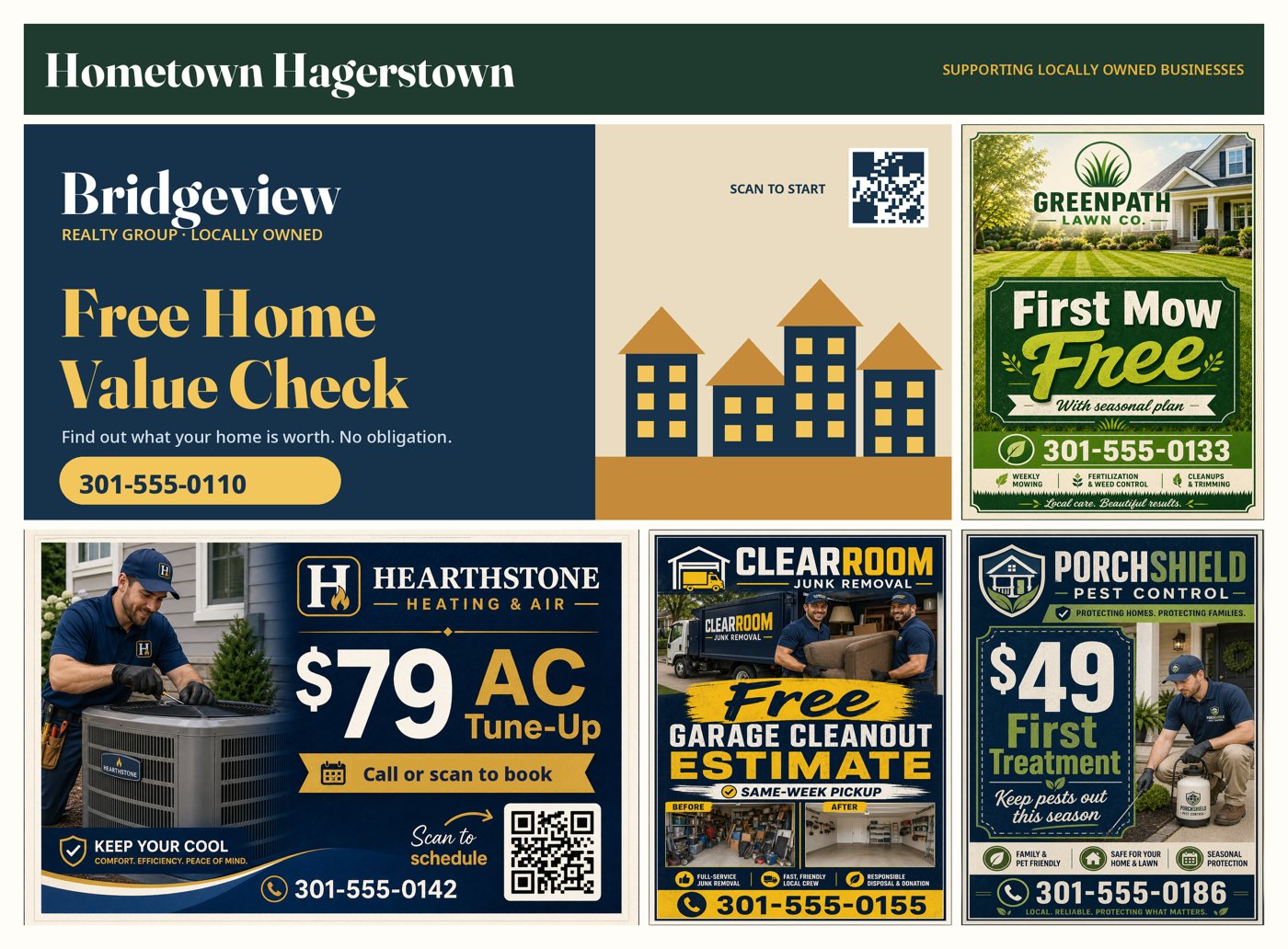 Sample card front with example ads: a triple, a double and three singles